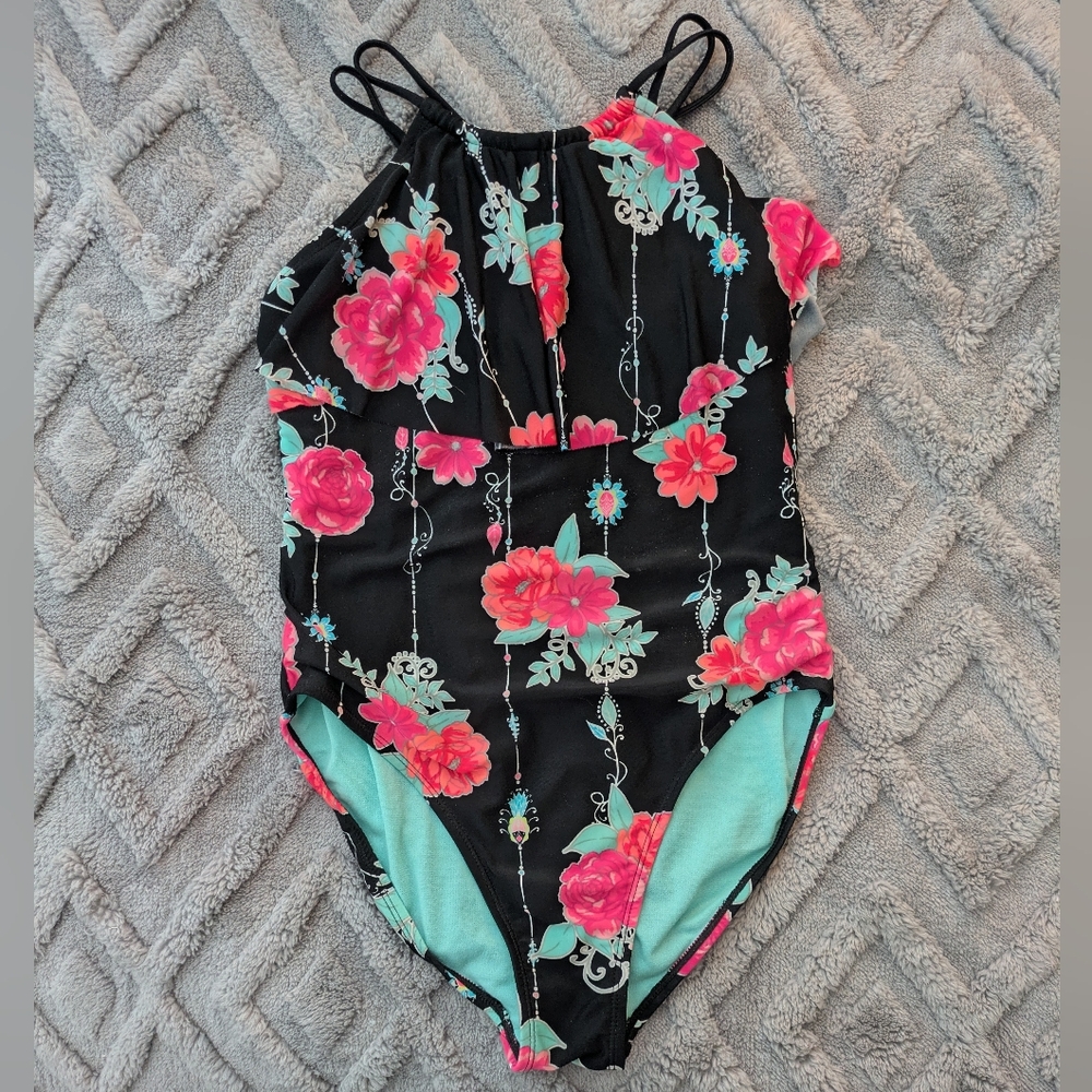 Floral Black and Pink Swimsuit Sz XL